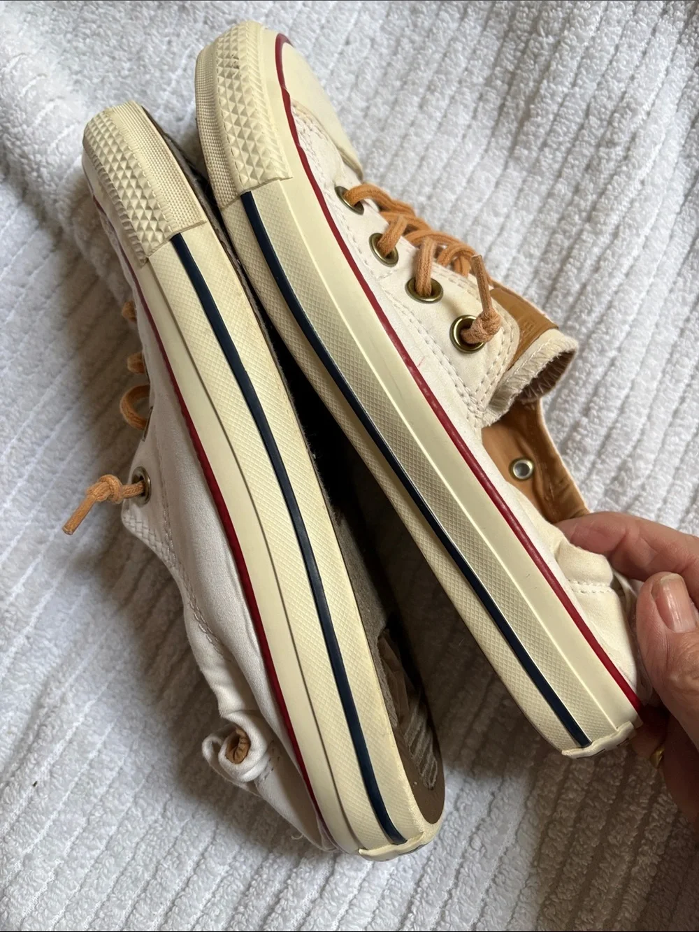 Converse Low-Top Canvas Sneakers in Cream with Tan Laces and Red Trim